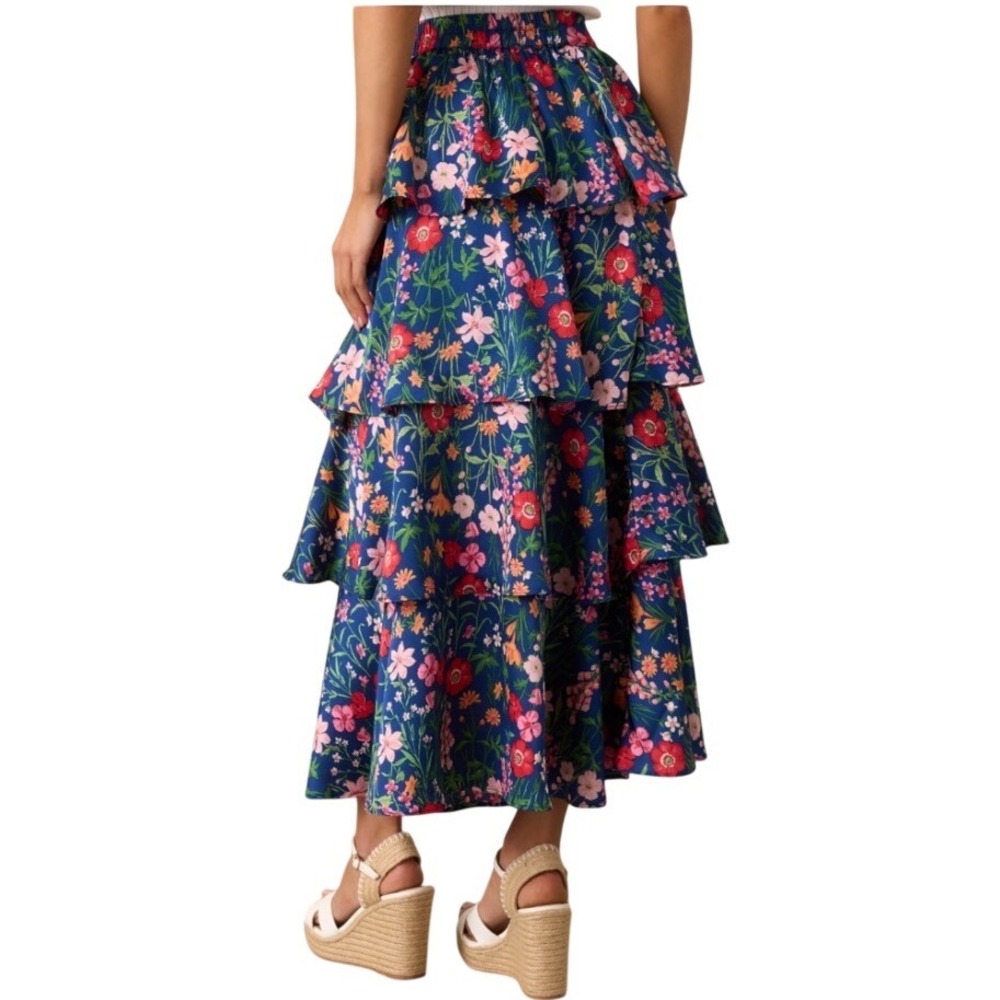 Skies Are Blue Maxi Skirt Small Blue Floral Tiered Ruffle Boho